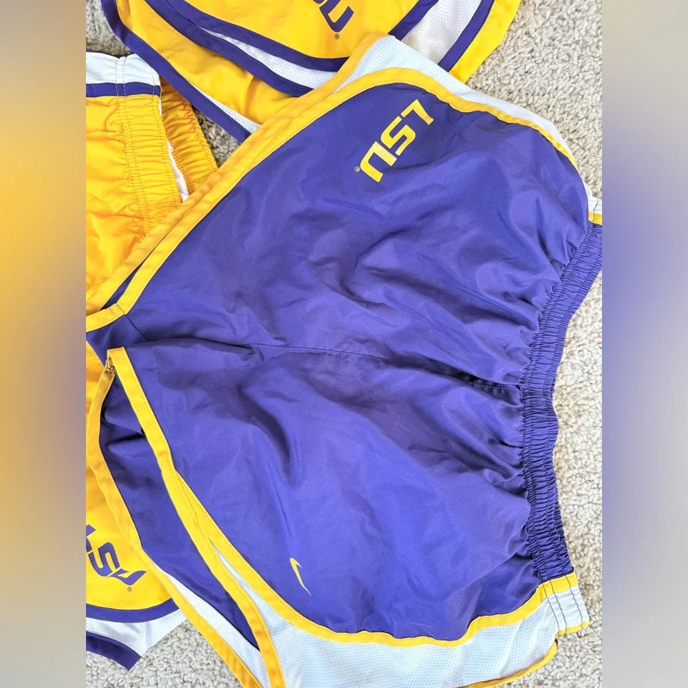 Nike Purple and Yellow LSU Athletic Shorts Trio -plus black Nike socks - Picture 3 of 7